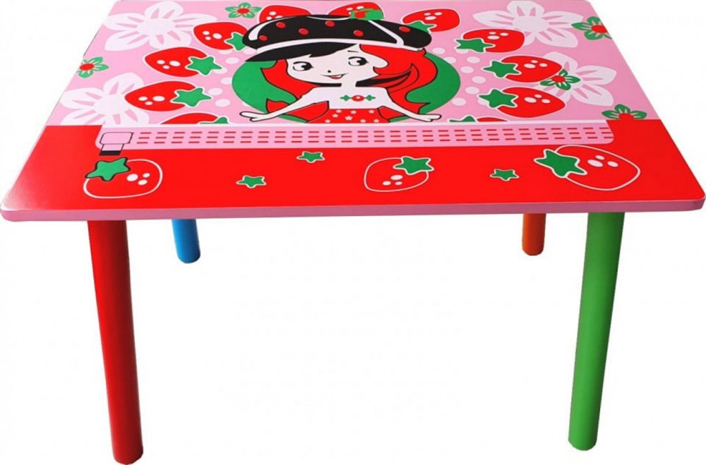 Novokids Masuta copii din MDF cu doua scaune My first table dimensiuni 59X39X40 Suprafata lucioasa Model Capsunica Rosu cu Roz