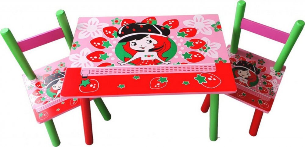 Novokids Masuta copii din MDF cu doua scaune My first table dimensiuni 59X39X40 Suprafata lucioasa Model Capsunica Rosu cu Roz