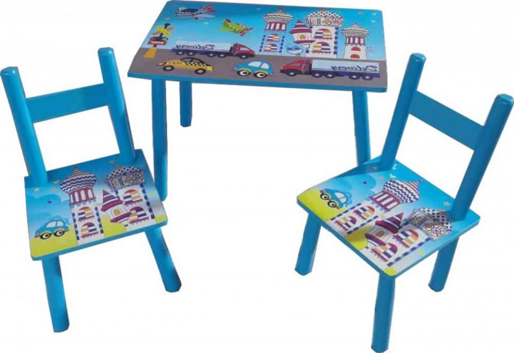 Novokids Masuta copii din MDF cu doua scaune My first table dimensiuni 59X39X40 Suprafata lucioasa Model masinute Albastru