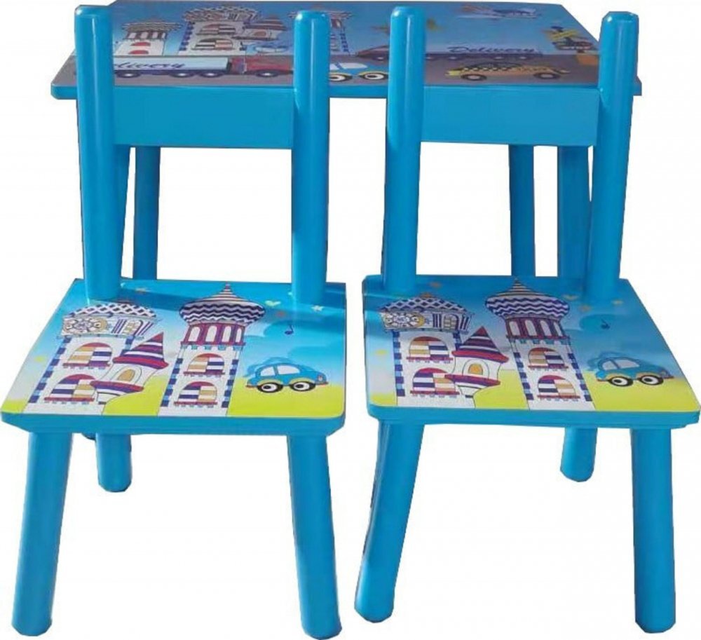 Novokids Masuta copii din MDF cu doua scaune My first table dimensiuni 59X39X40 Suprafata lucioasa Model masinute Albastru