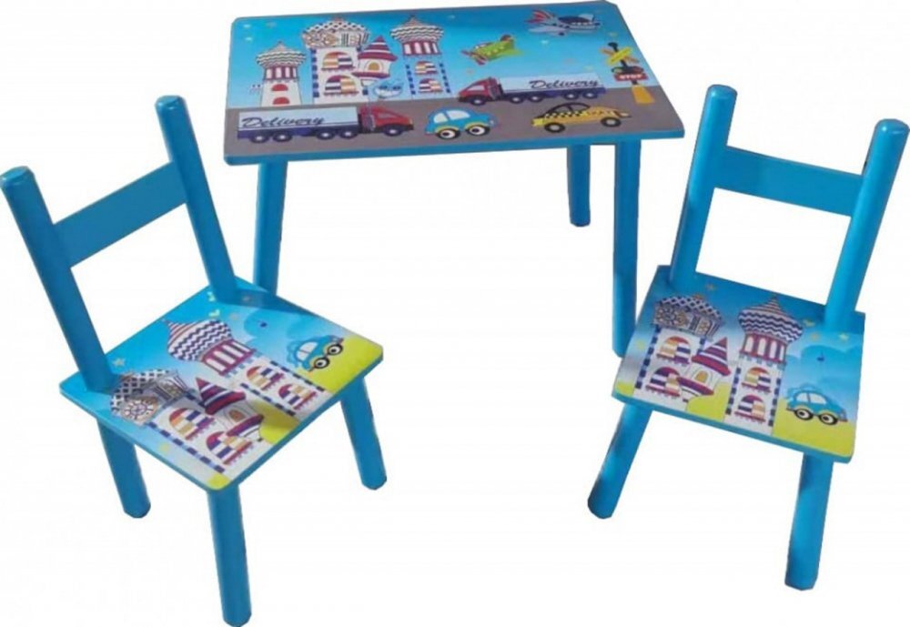 Novokids Masuta copii din MDF cu doua scaune My first table dimensiuni 59X39X40 Suprafata lucioasa Model masinute Albastru