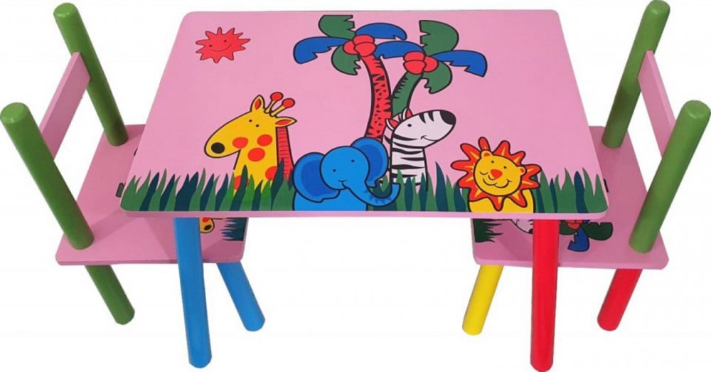 Novokids Masuta copii din MDF cu doua scaune My first table dimensiuni 59X39X40 Suprafata lucioasa Roz cu Animalute