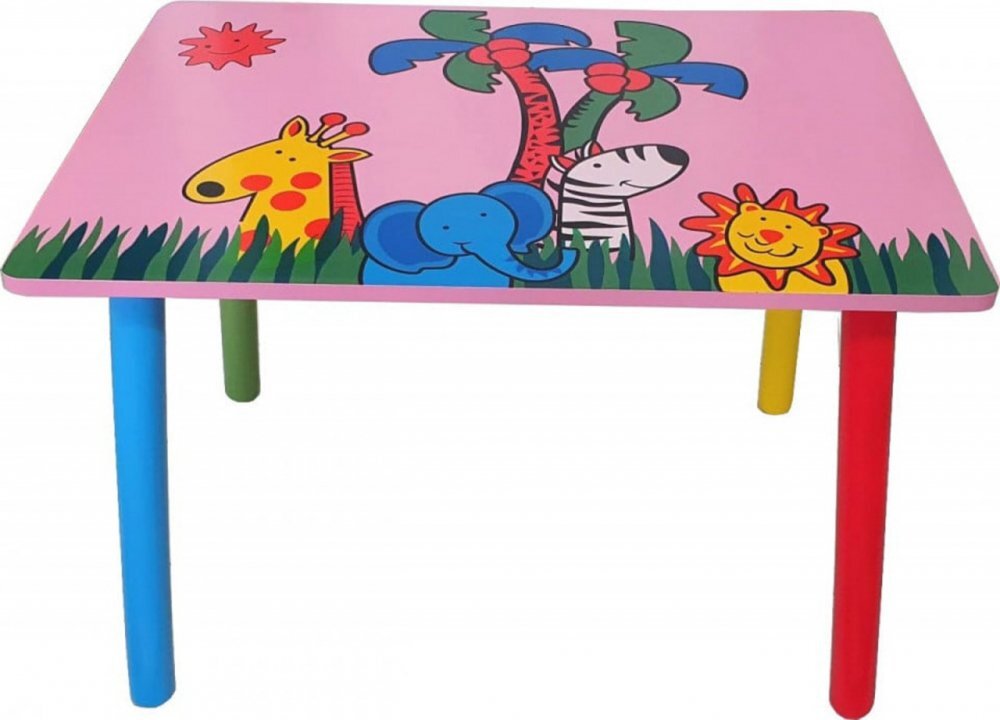 Novokids Masuta copii din MDF cu doua scaune My first table dimensiuni 59X39X40 Suprafata lucioasa Roz cu Animalute