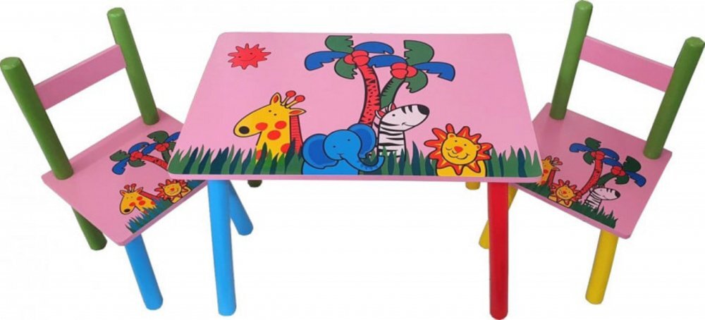 Novokids Masuta copii din MDF cu doua scaune My first table dimensiuni 59X39X40 Suprafata lucioasa Roz cu Animalute