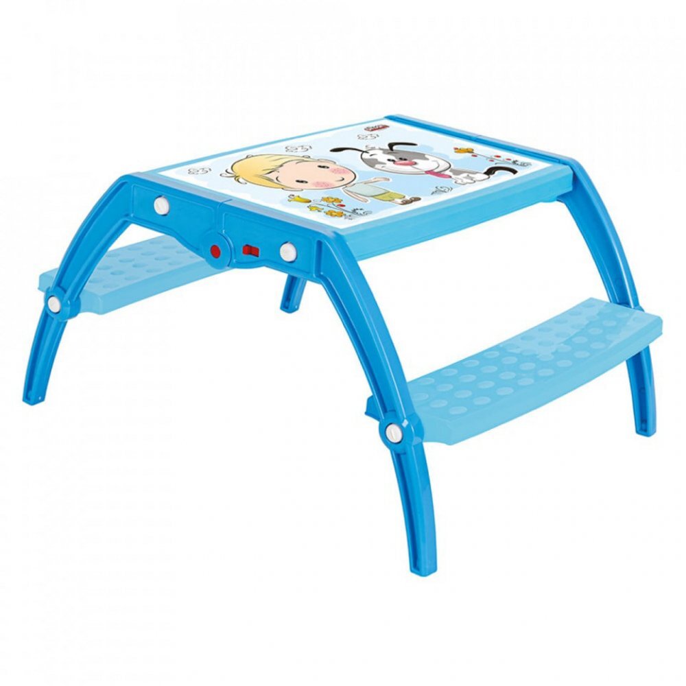 Novokids Masuta copii din plastic aditivat cu doua bancute Study Table 95X78X49 cm Suprafata lucioasa Model Baietel cu Catelus Albastru