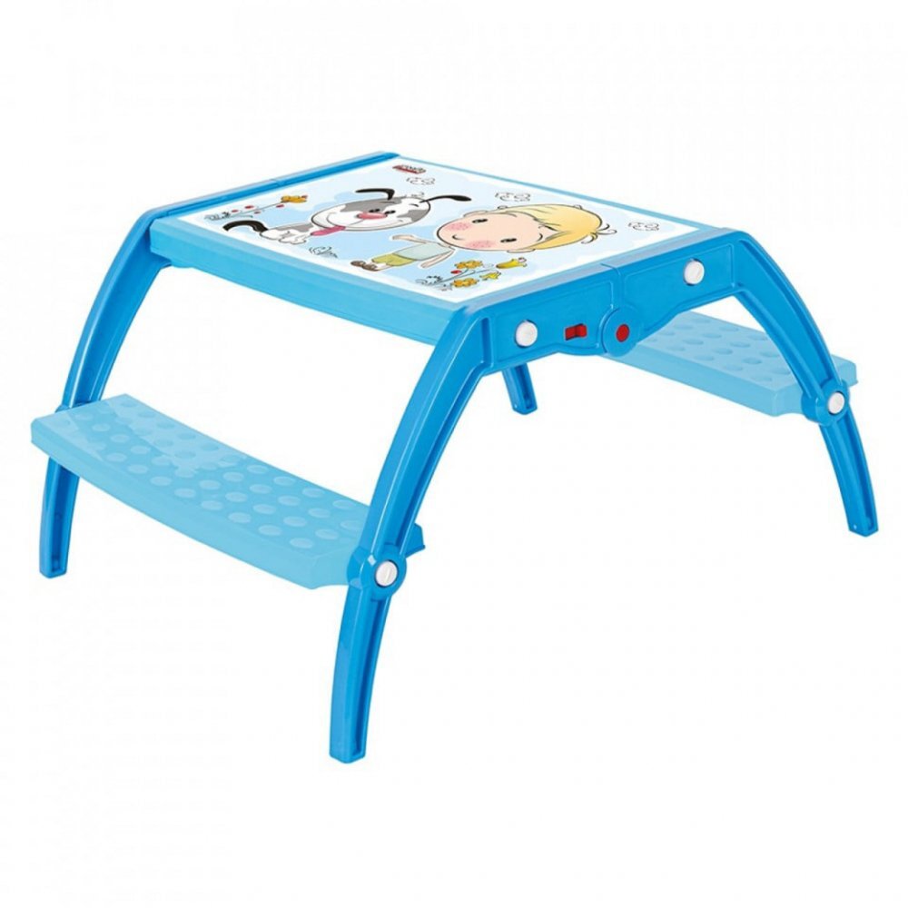 Novokids Masuta copii din plastic aditivat cu doua bancute Study Table 95X78X49 cm Suprafata lucioasa Model Baietel cu Catelus Albastru
