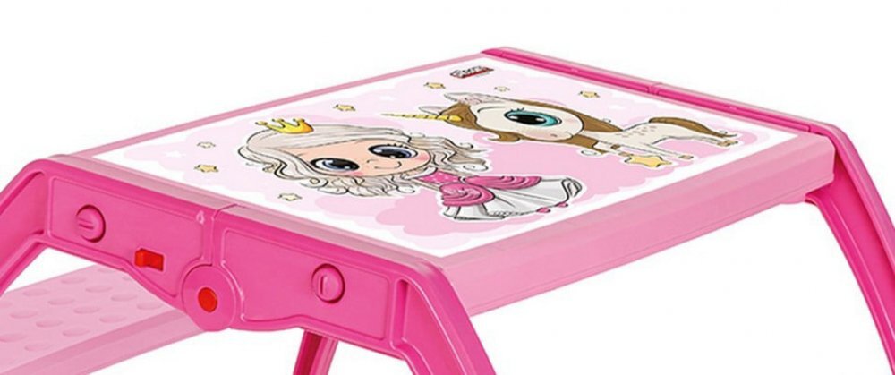Novokids Masuta copii din plastic aditivat cu doua bancute Study Table dimensiuni 95X78X49 cm Suprafata lucioasa Model Printesa cu Unicorn Roz