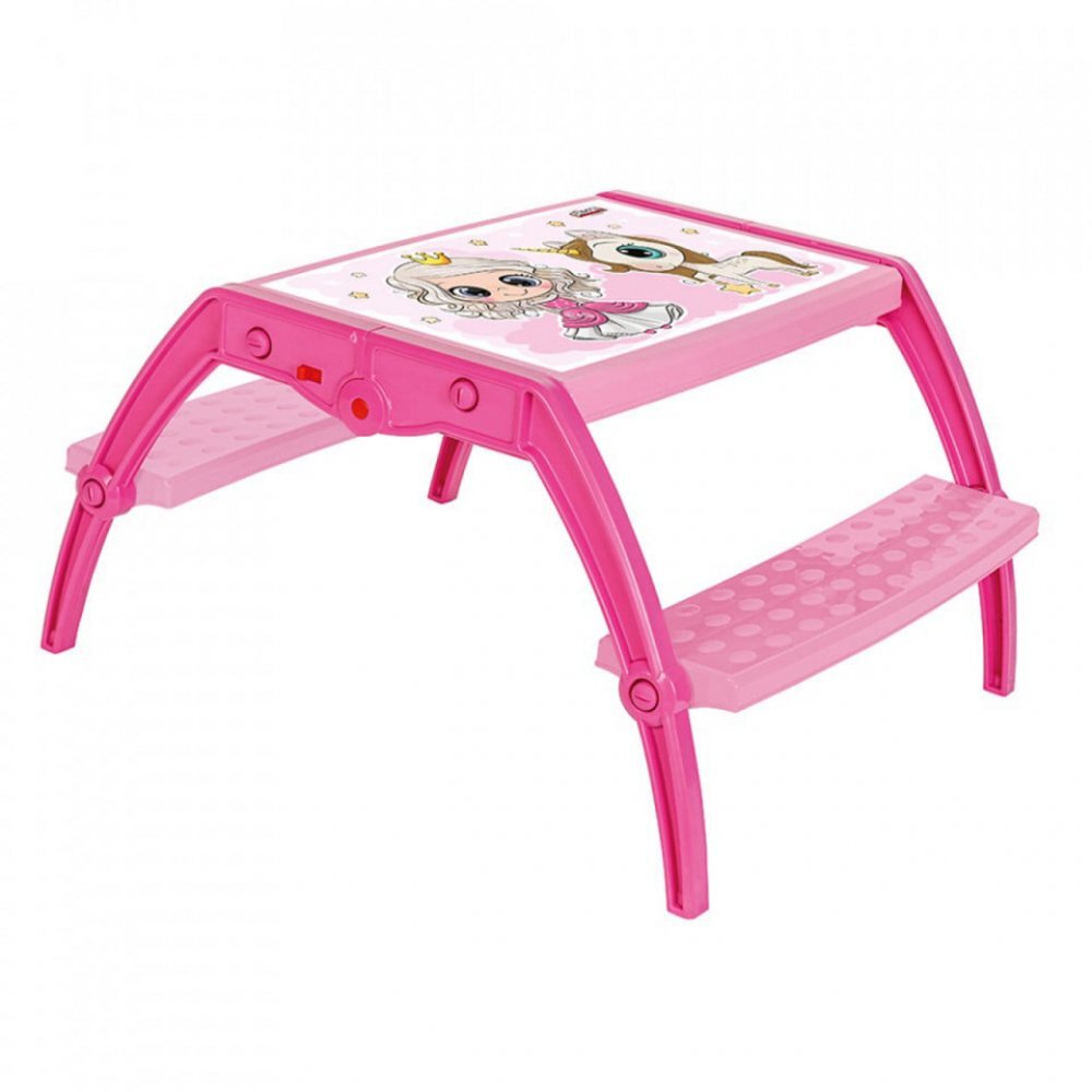 Novokids Masuta copii din plastic aditivat cu doua bancute Study Table dimensiuni 95X78X49 cm Suprafata lucioasa Model Printesa cu Unicorn Roz