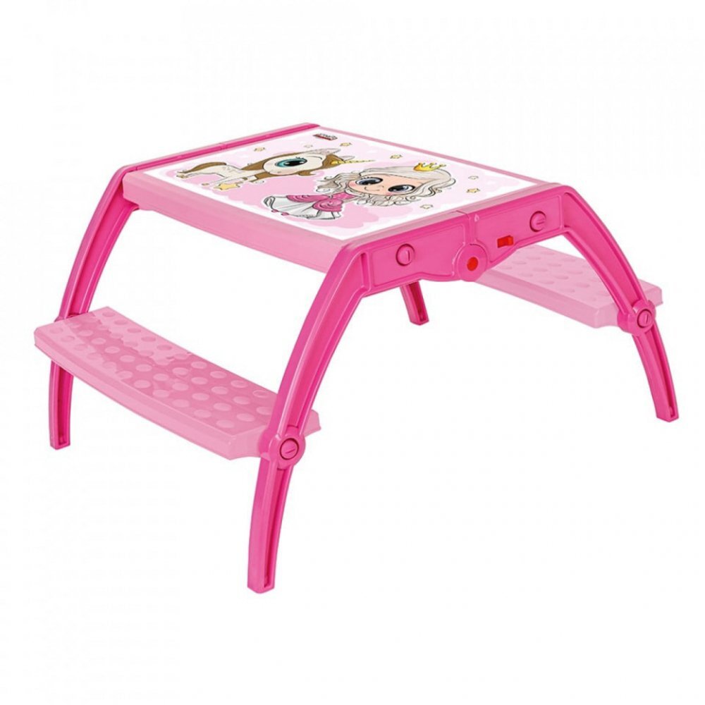 Novokids Masuta copii din plastic aditivat cu doua bancute Study Table dimensiuni 95X78X49 cm Suprafata lucioasa Model Printesa cu Unicorn Roz