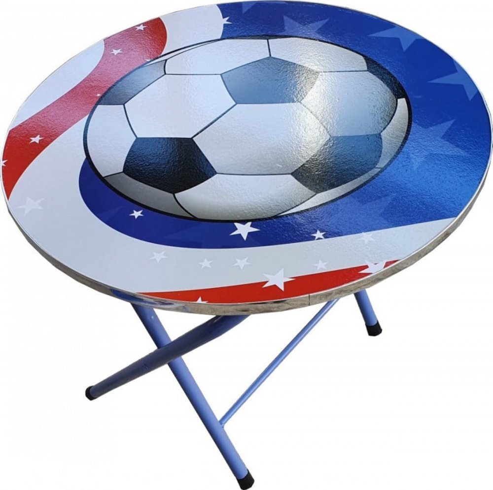 Novokids Masuta pliabila pentru copii din MDF Round folding table Cu doua scaune pliabile Diametru 60 cm 2 niveluri de inaltime Suprafata lucioasa Model minge de fotbal Albastru