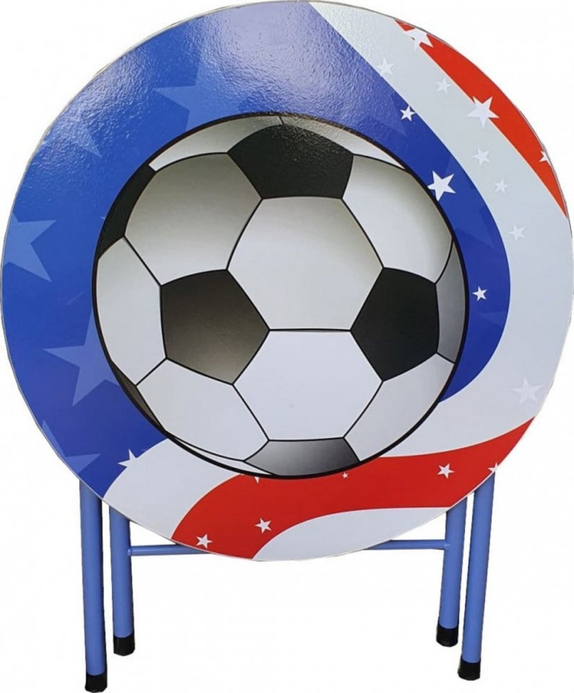 Novokids Masuta pliabila pentru copii din MDF Round folding table Cu doua scaune pliabile Diametru 60 cm 2 niveluri de inaltime Suprafata lucioasa Model minge de fotbal Albastru