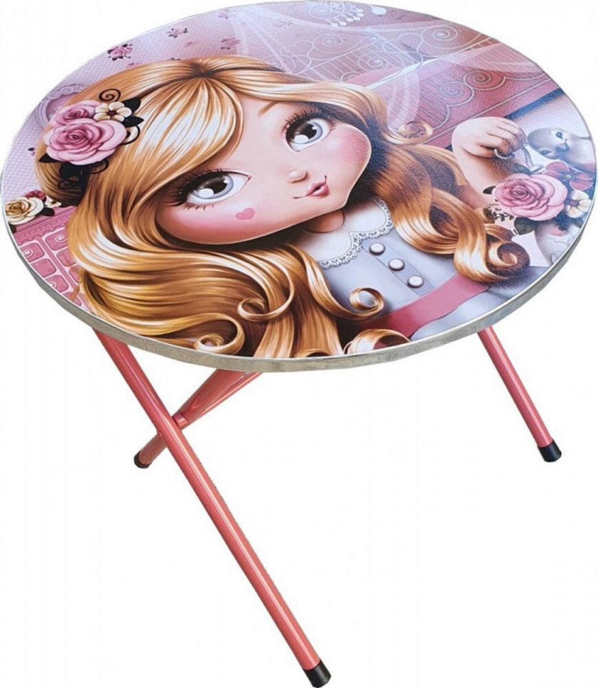 Novokids Masuta pliabila pentru copii din MDF Round folding table Cu doua scaune pliabile Diametru 60 cm 2 niveluri de inaltime Suprafata lucioasa Model printesa Roz