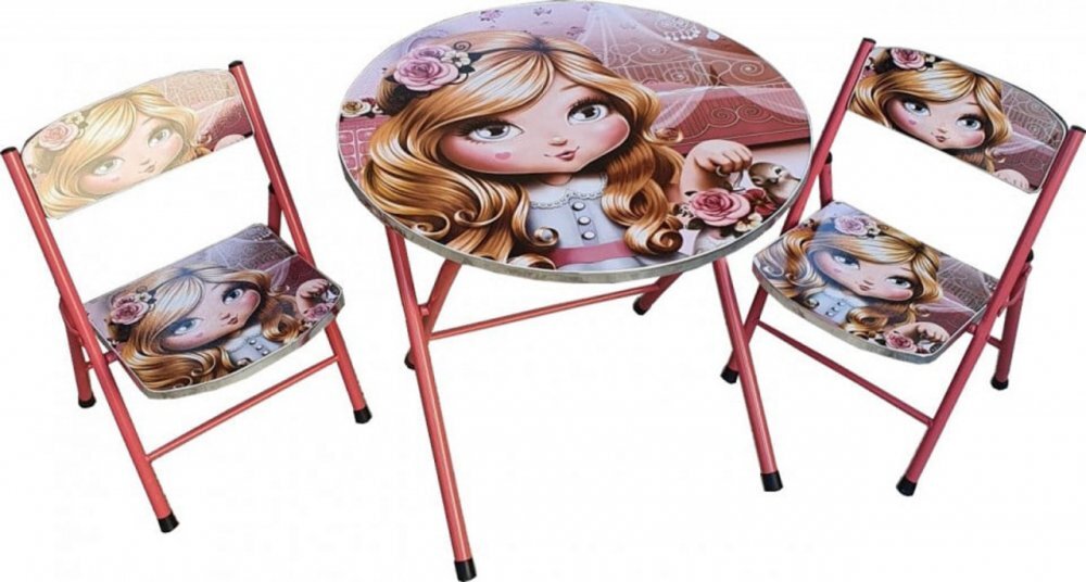 Novokids Masuta pliabila pentru copii din MDF Round folding table Cu doua scaune pliabile Diametru 60 cm 2 niveluri de inaltime Suprafata lucioasa Model printesa Roz