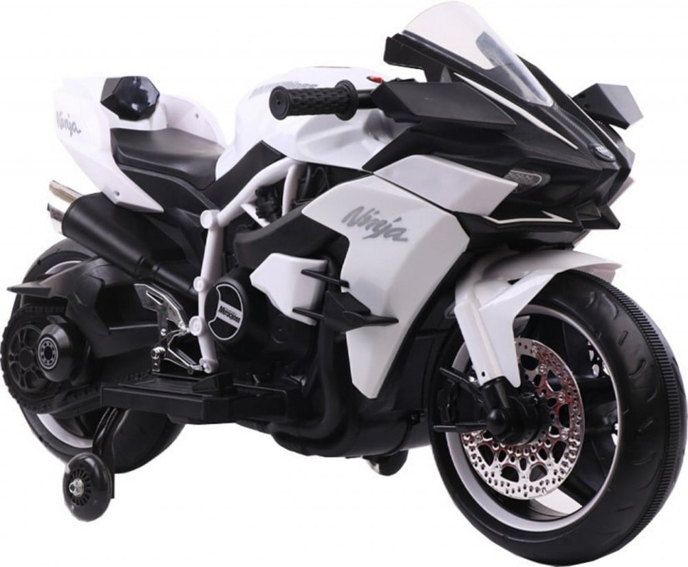 Novokids Motocicleta electrica pentru copii Ninja Premium Motocross Alb viteza din maner maxim 30 kg melodii si lumini Led bluetooth roti ajutatoare