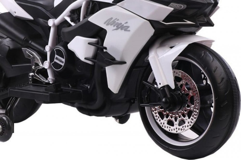 Novokids Motocicleta electrica pentru copii Ninja Premium Motocross Alb viteza din maner maxim 30 kg melodii si lumini Led bluetooth roti ajutatoare