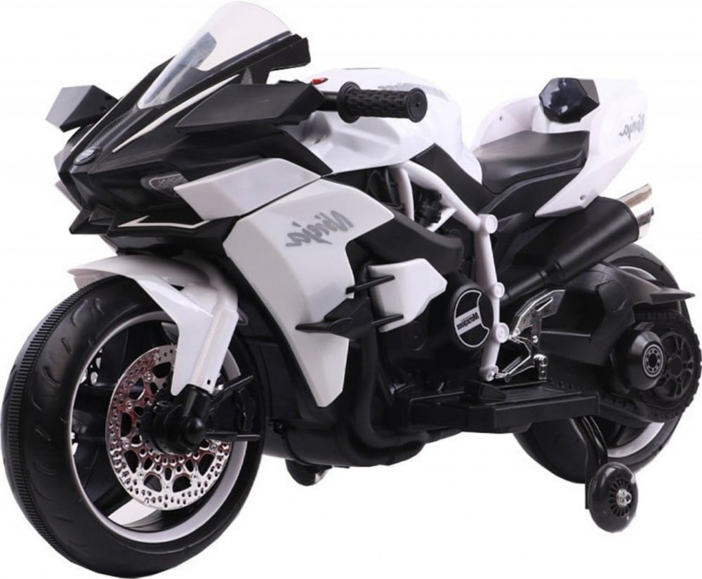 Novokids Motocicleta electrica pentru copii Ninja Premium Motocross Alb viteza din maner maxim 30 kg melodii si lumini Led bluetooth roti ajutatoare