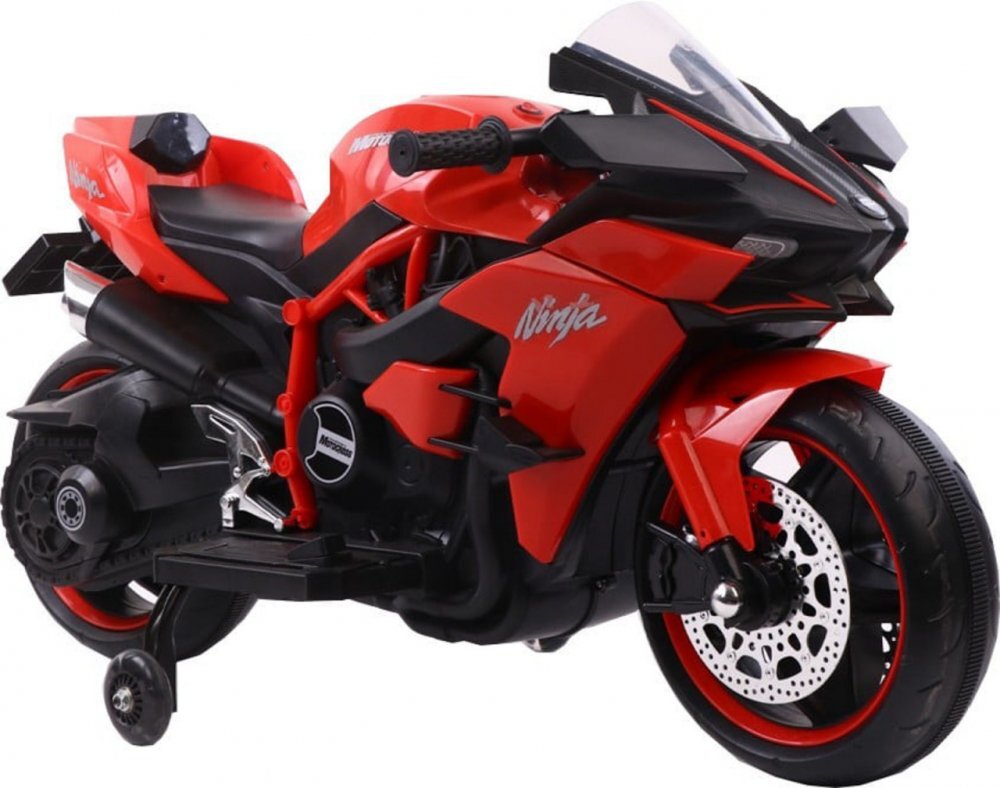Novokids Motocicleta electrica pentru copii Ninja Premium Motocross Rosu viteza din maner maxim 30 kg melodii si lumini Led bluetooth roti ajutatoare