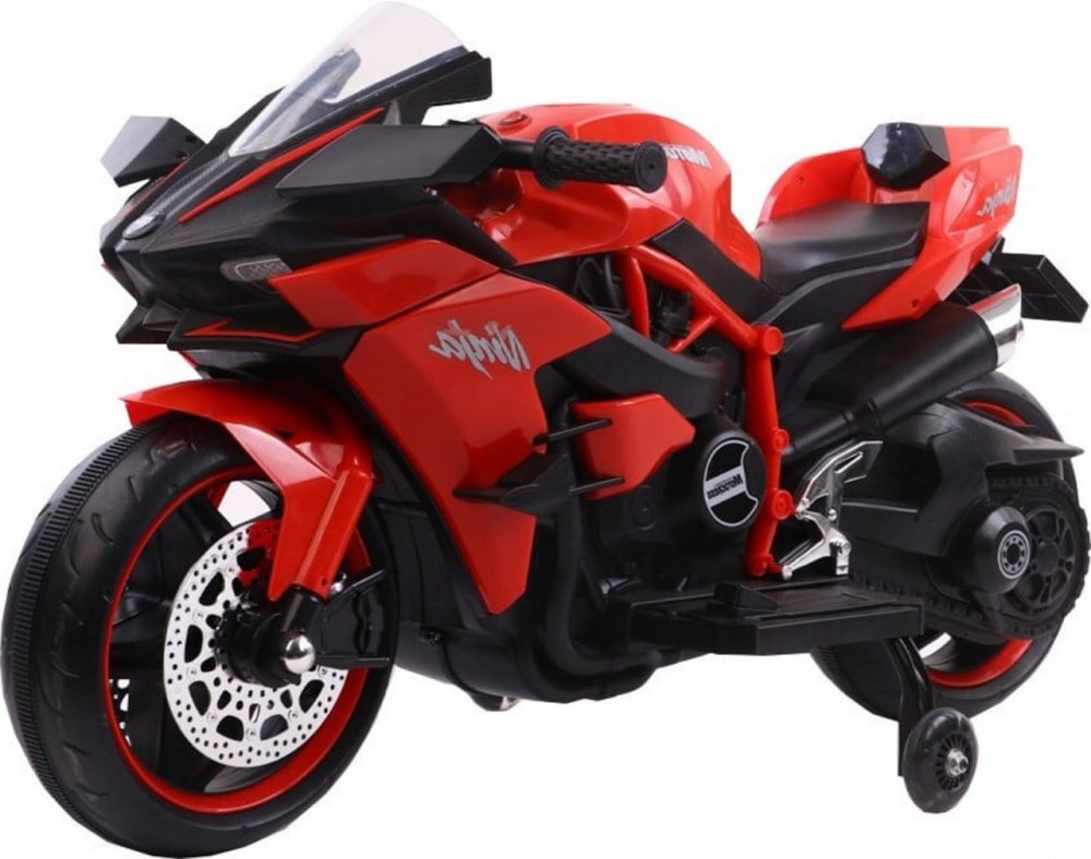 Novokids Motocicleta electrica pentru copii Ninja Premium Motocross Rosu viteza din maner maxim 30 kg melodii si lumini Led bluetooth roti ajutatoare