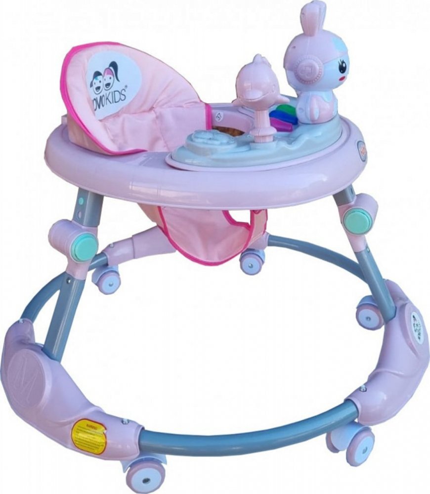 Novokids Premergator reglabil in 6 trepte de inaltime Happy Bunny Roz cu melodii si lumini pliabil greutate admisa 20 kg roti silentioase