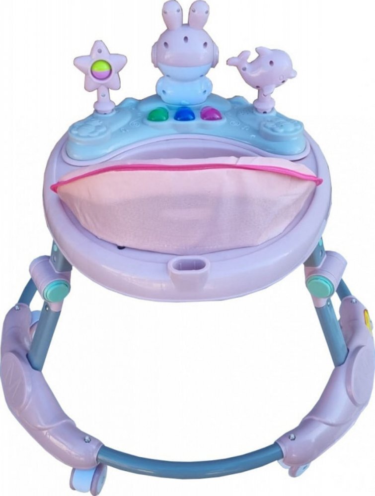 Novokids Premergator reglabil in 6 trepte de inaltime Happy Bunny Roz cu melodii si lumini pliabil greutate admisa 20 kg roti silentioase