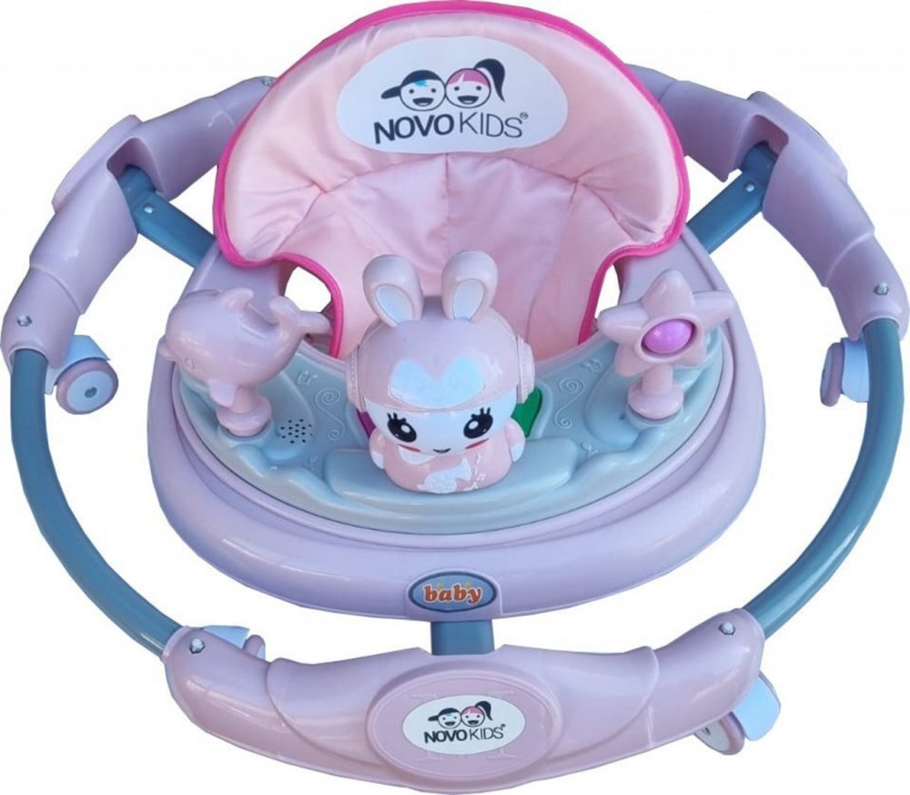 Novokids Premergator reglabil in 6 trepte de inaltime Happy Bunny Roz cu melodii si lumini pliabil greutate admisa 20 kg roti silentioase