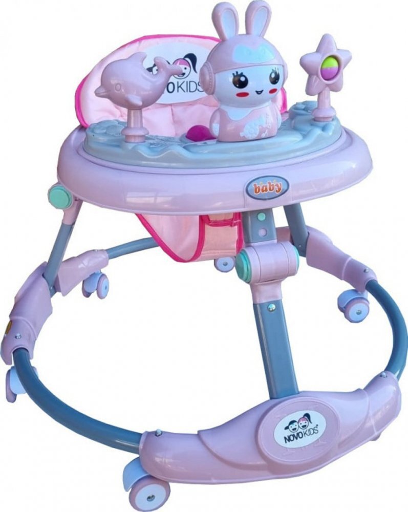 Novokids Premergator reglabil in 6 trepte de inaltime Happy Bunny Roz cu melodii si lumini pliabil greutate admisa 20 kg roti silentioase