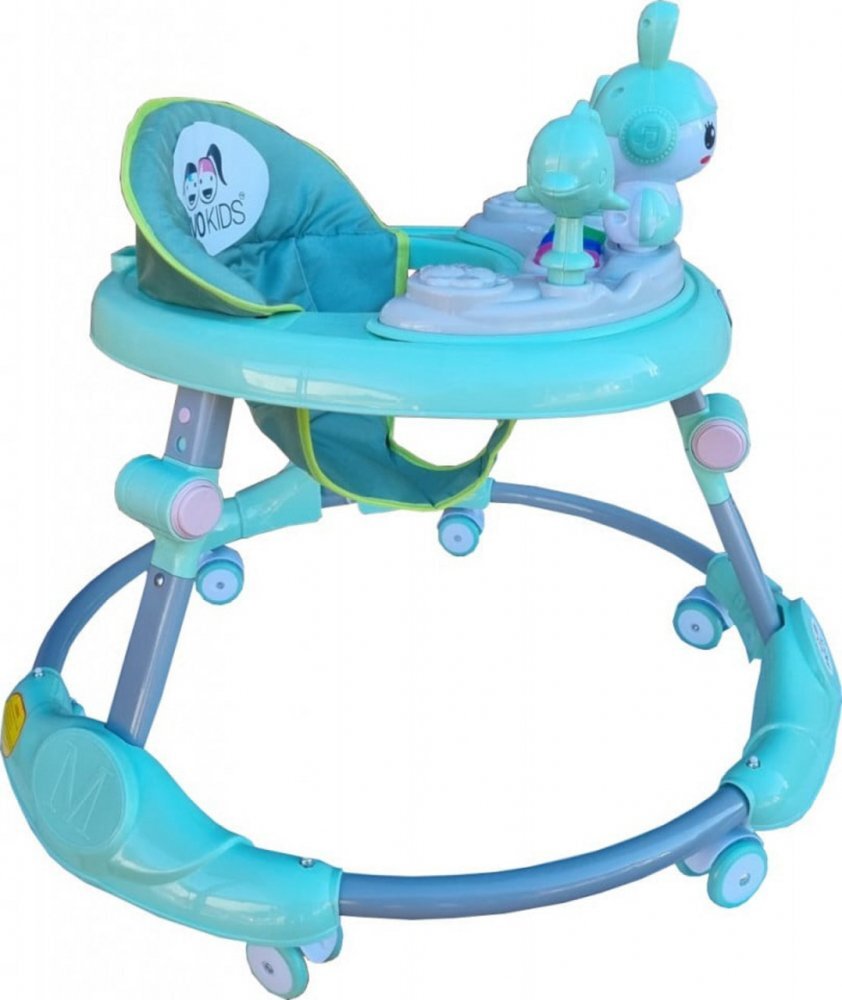 Novokids Premergator reglabil in 6 trepte de inaltime Happy Bunny Verde Turquoise cu melodii si lumini pliabil greutate admisa 20 kg roti silentioase