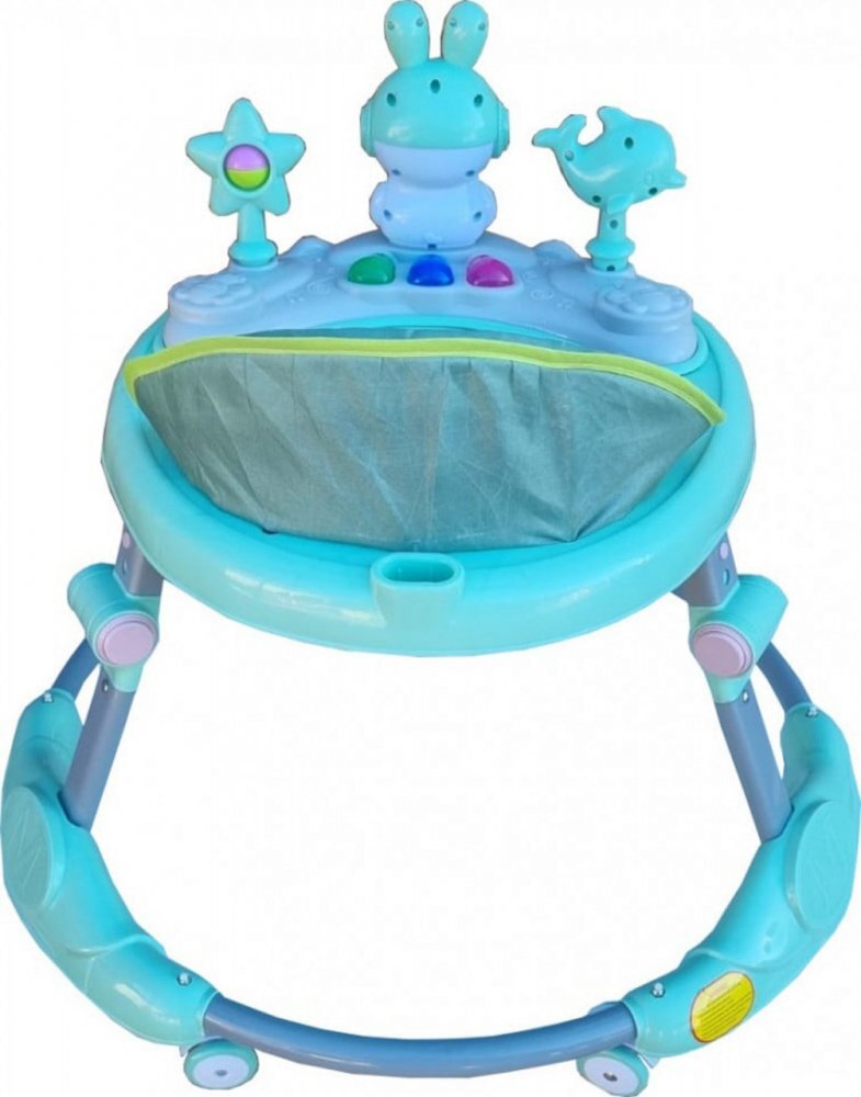 Novokids Premergator reglabil in 6 trepte de inaltime Happy Bunny Verde Turquoise cu melodii si lumini pliabil greutate admisa 20 kg roti silentioase