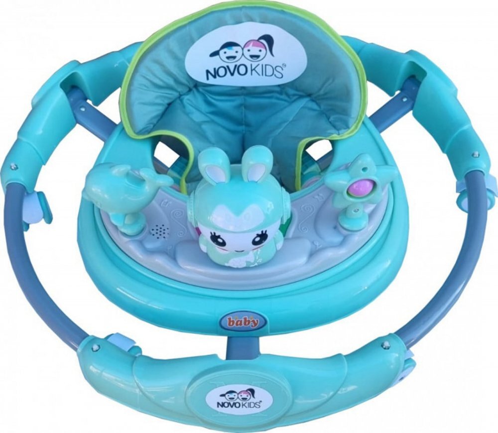 Novokids Premergator reglabil in 6 trepte de inaltime Happy Bunny Verde Turquoise cu melodii si lumini pliabil greutate admisa 20 kg roti silentioase