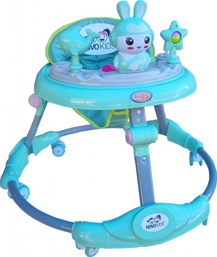 Novokids Premergator reglabil in 6 trepte de inaltime Happy Bunny Verde Turquoise cu melodii si lumini pliabil greutate admisa 20 kg roti silentioase