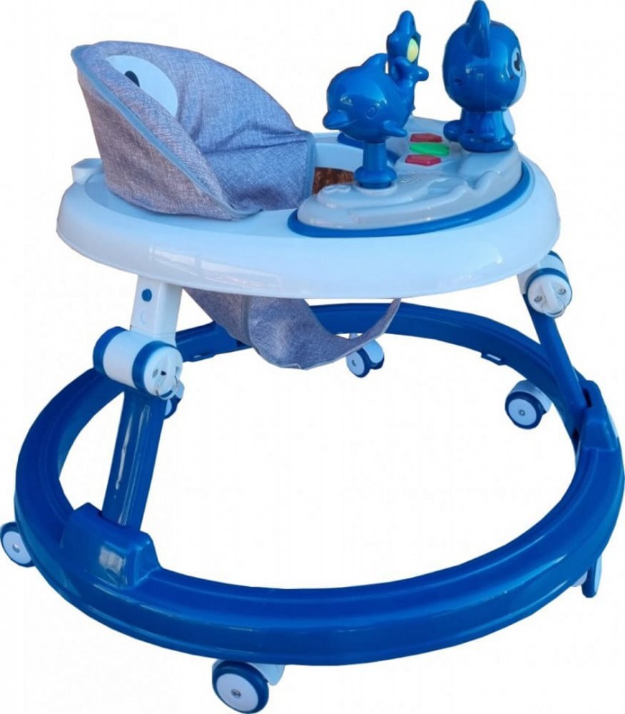 Novokids Premergator reglabil in 6 trepte de inaltime Happy Kitty Albastru cu melodii pliabil greutate admisa 20 kg roti silentioase