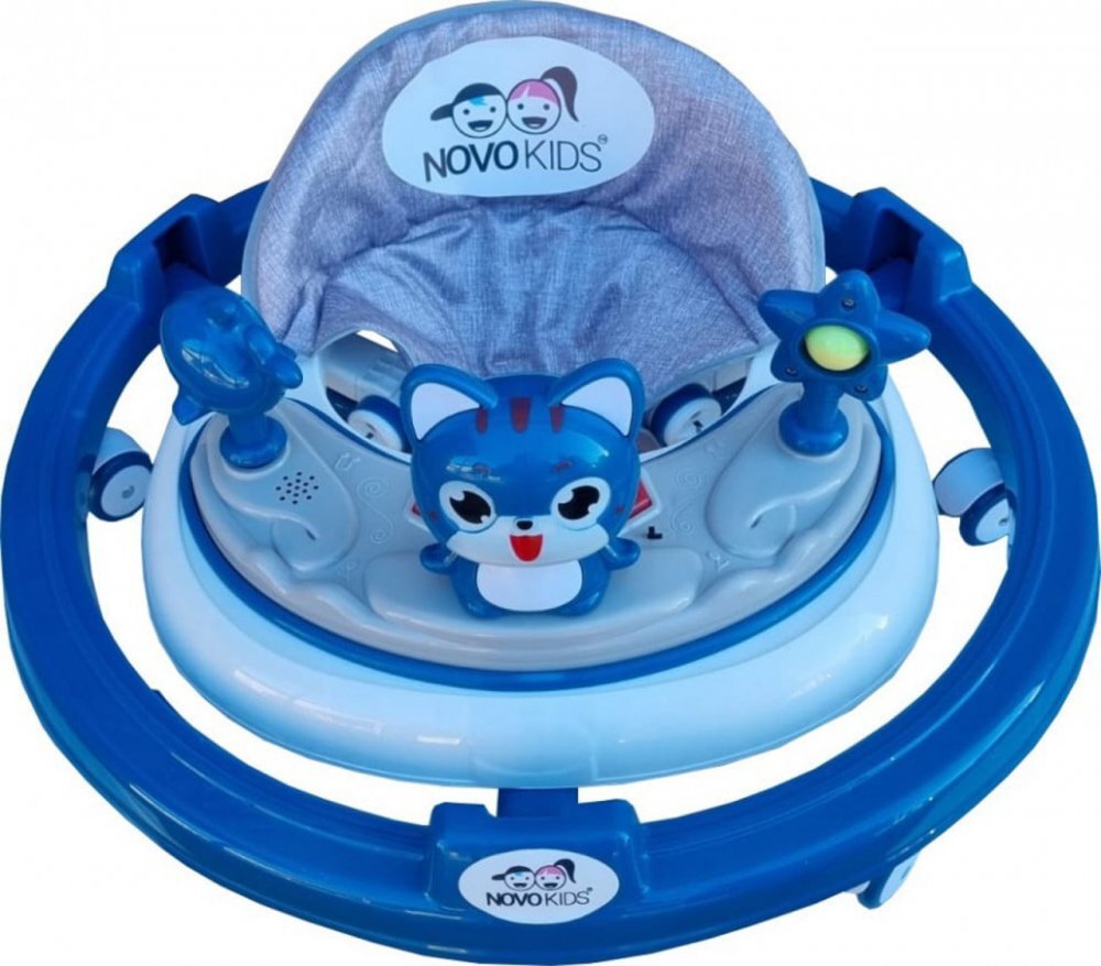 Novokids Premergator reglabil in 6 trepte de inaltime Happy Kitty Albastru cu melodii pliabil greutate admisa 20 kg roti silentioase