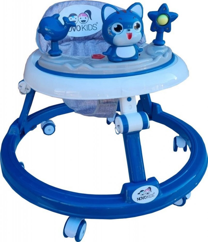 Novokids Premergator reglabil in 6 trepte de inaltime Happy Kitty Albastru cu melodii pliabil greutate admisa 20 kg roti silentioase
