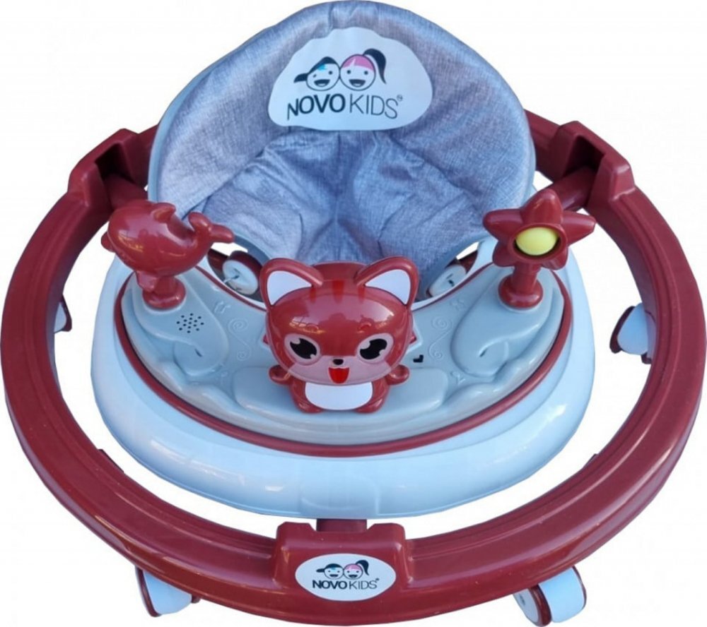 Novokids Premergator reglabil in 6 trepte de inaltime Happy Kitty Rosu cu melodii pliabil greutate admisa 20 kg roti silentioase