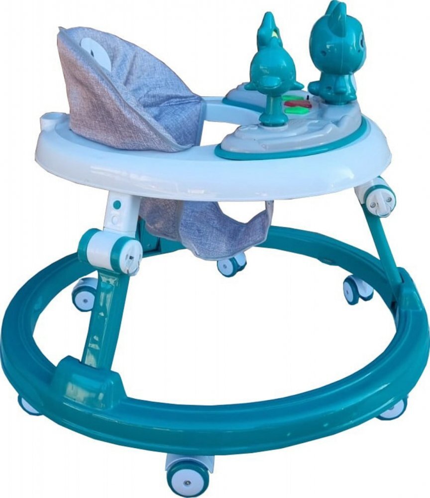 Novokids Premergator reglabil in 6 trepte de inaltime Happy Kitty Verde Turquoise cu melodii pliabil greutate admisa 20 kg roti silentioase