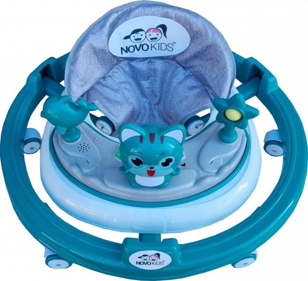 Novokids Premergator reglabil in 6 trepte de inaltime Happy Kitty Verde Turquoise cu melodii pliabil greutate admisa 20 kg roti silentioase