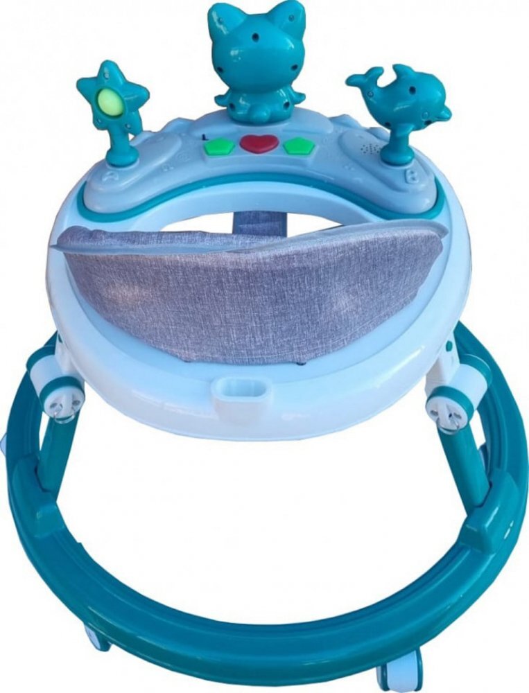 Novokids Premergator reglabil in 6 trepte de inaltime Happy Kitty Verde Turquoise cu melodii pliabil greutate admisa 20 kg roti silentioase