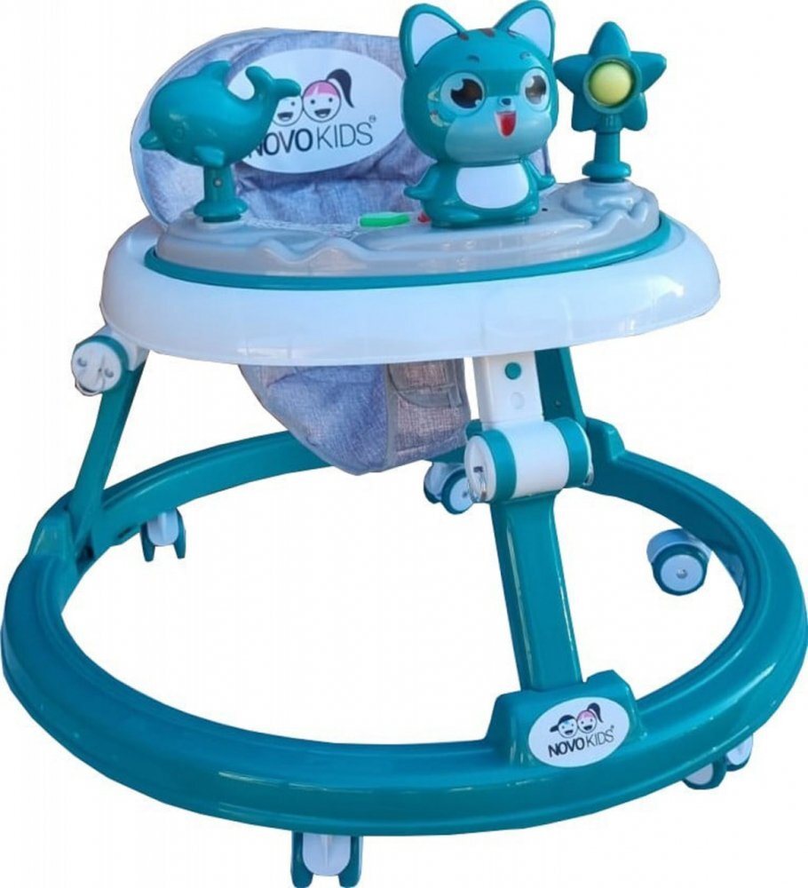Novokids Premergator reglabil in 6 trepte de inaltime Happy Kitty Verde Turquoise cu melodii pliabil greutate admisa 20 kg roti silentioase