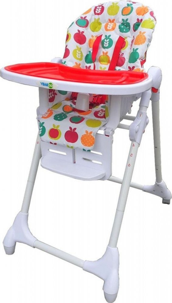 Novokids Scaun de masa pentru copii si bebe Go Baby Fructe Rosu Alb reglabil in 6 trepte de inaltime Pliabil Centura de siguranta Sezut confortabil Masuta detasabila Pozitie somn Roti cu frana