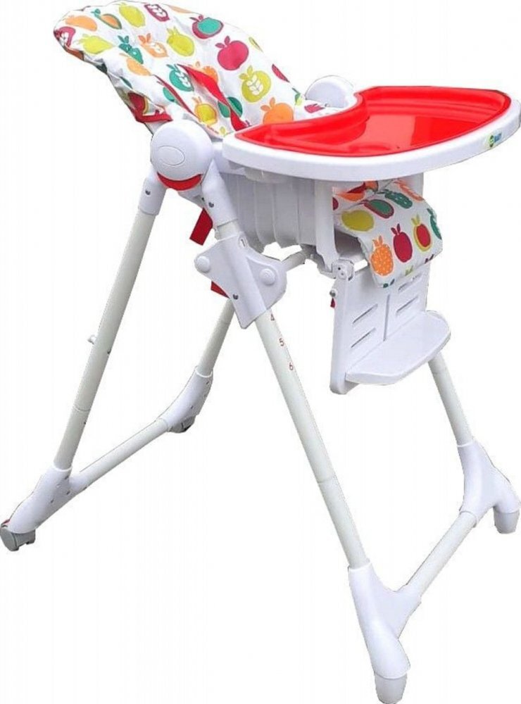 Novokids Scaun de masa pentru copii si bebe Go Baby Fructe Rosu Alb reglabil in 6 trepte de inaltime Pliabil Centura de siguranta Sezut confortabil Masuta detasabila Pozitie somn Roti cu frana