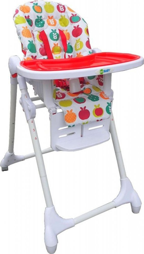 Novokids Scaun de masa pentru copii si bebe Go Baby Fructe Rosu Alb reglabil in 6 trepte de inaltime Pliabil Centura de siguranta Sezut confortabil Masuta detasabila Pozitie somn Roti cu frana