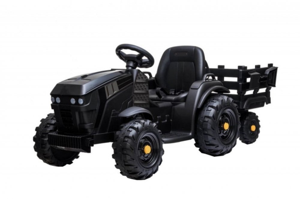 Novokids Tractor electric pentru copii Super Tytan Farmer XXL Negru cu acumulator remorca melodii si USB varsta 3-8 ani baterie 12V 2 viteze lumini
