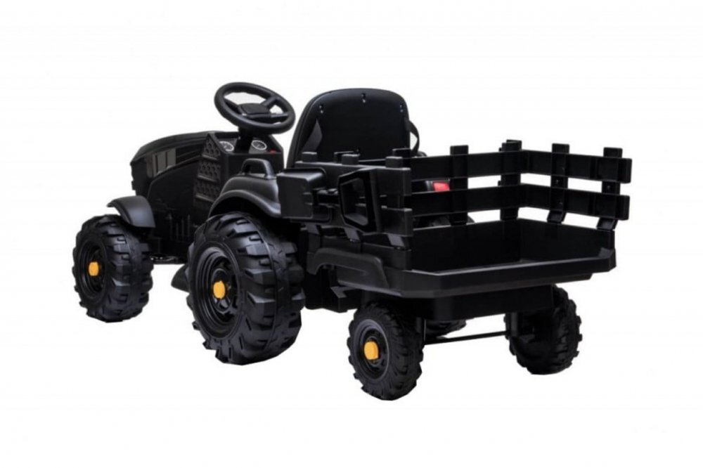 Novokids Tractor electric pentru copii Super Tytan Farmer XXL Negru cu acumulator remorca melodii si USB varsta 3-8 ani baterie 12V 2 viteze lumini
