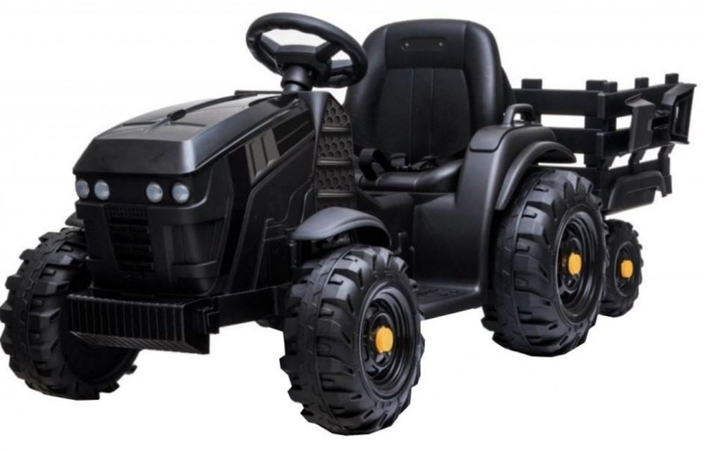 Novokids Tractor electric pentru copii Super Tytan Farmer XXL Negru cu acumulator remorca melodii si USB varsta 3-8 ani baterie 12V 2 viteze lumini