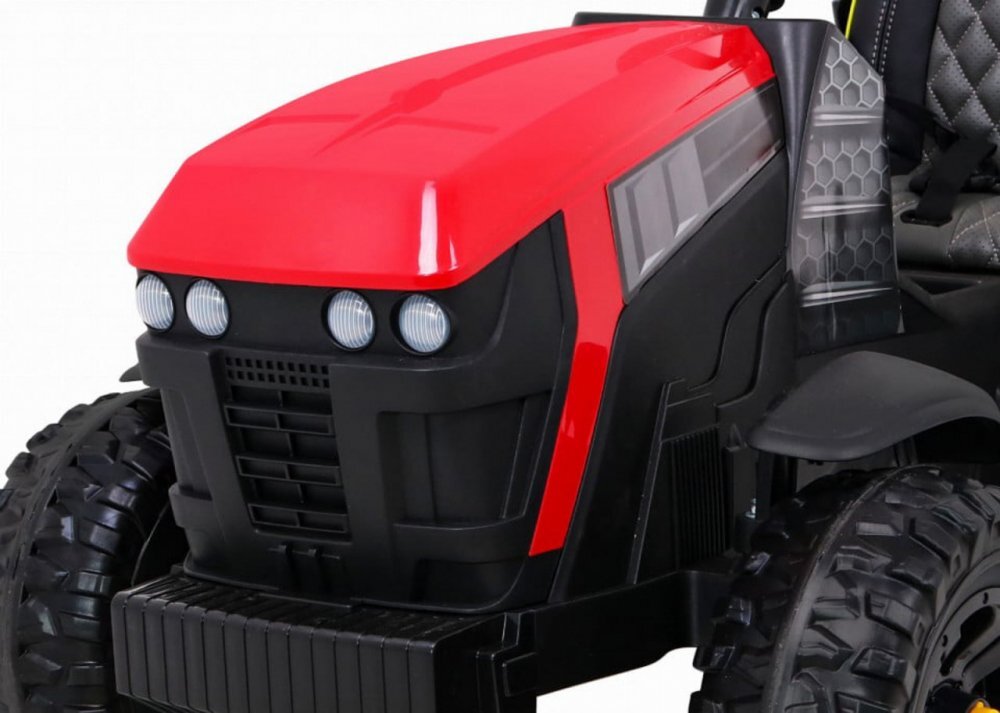 Novokids Tractor electric pentru copii Super Tytan Farmer XXL Rosu cu acumulator remorca melodii si USB varsta 3-8 ani baterie 12V 2 viteze lumini