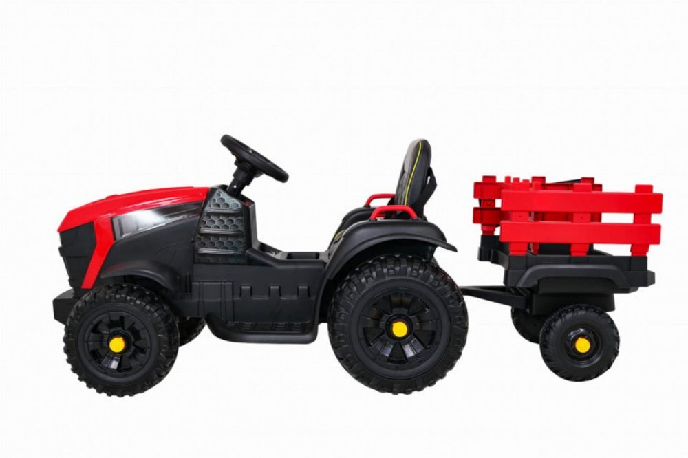 Novokids Tractor electric pentru copii Super Tytan Farmer XXL Rosu cu acumulator remorca melodii si USB varsta 3-8 ani baterie 12V 2 viteze lumini
