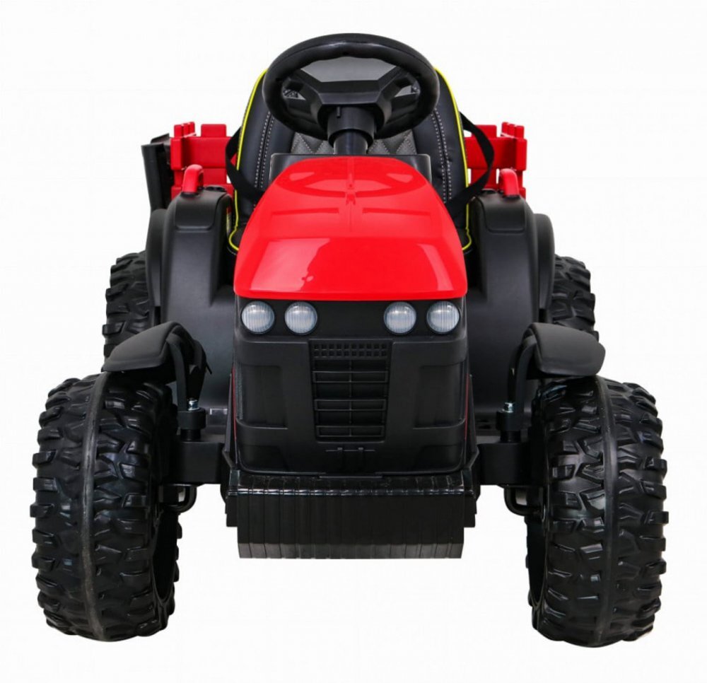 Novokids Tractor electric pentru copii Super Tytan Farmer XXL Rosu cu acumulator remorca melodii si USB varsta 3-8 ani baterie 12V 2 viteze lumini