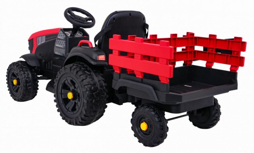 Novokids Tractor electric pentru copii Super Tytan Farmer XXL Rosu cu acumulator remorca melodii si USB varsta 3-8 ani baterie 12V 2 viteze lumini