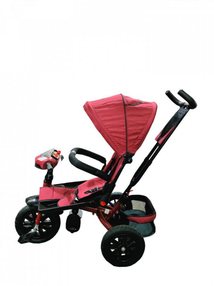 Novokids Tricicleta pentru copii Super Trike Rosu Bordeaux cu copertina melodii si lumini roti din cauciuc pozitie somn scaun reversibil cu rotatie 360 grade