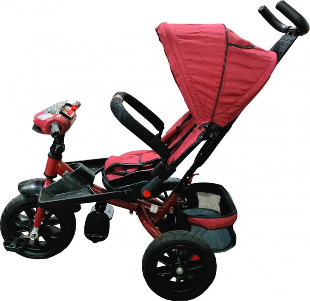 Novokids Tricicleta pentru copii Super Trike Rosu Bordeaux cu copertina melodii si lumini roti din cauciuc pozitie somn scaun reversibil cu rotatie 360 grade